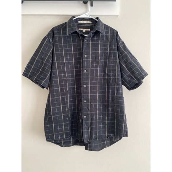 Perry Ellis Mens Short Sleeve Button Shirt Large Black Silver Gray - Picture 1 of 6